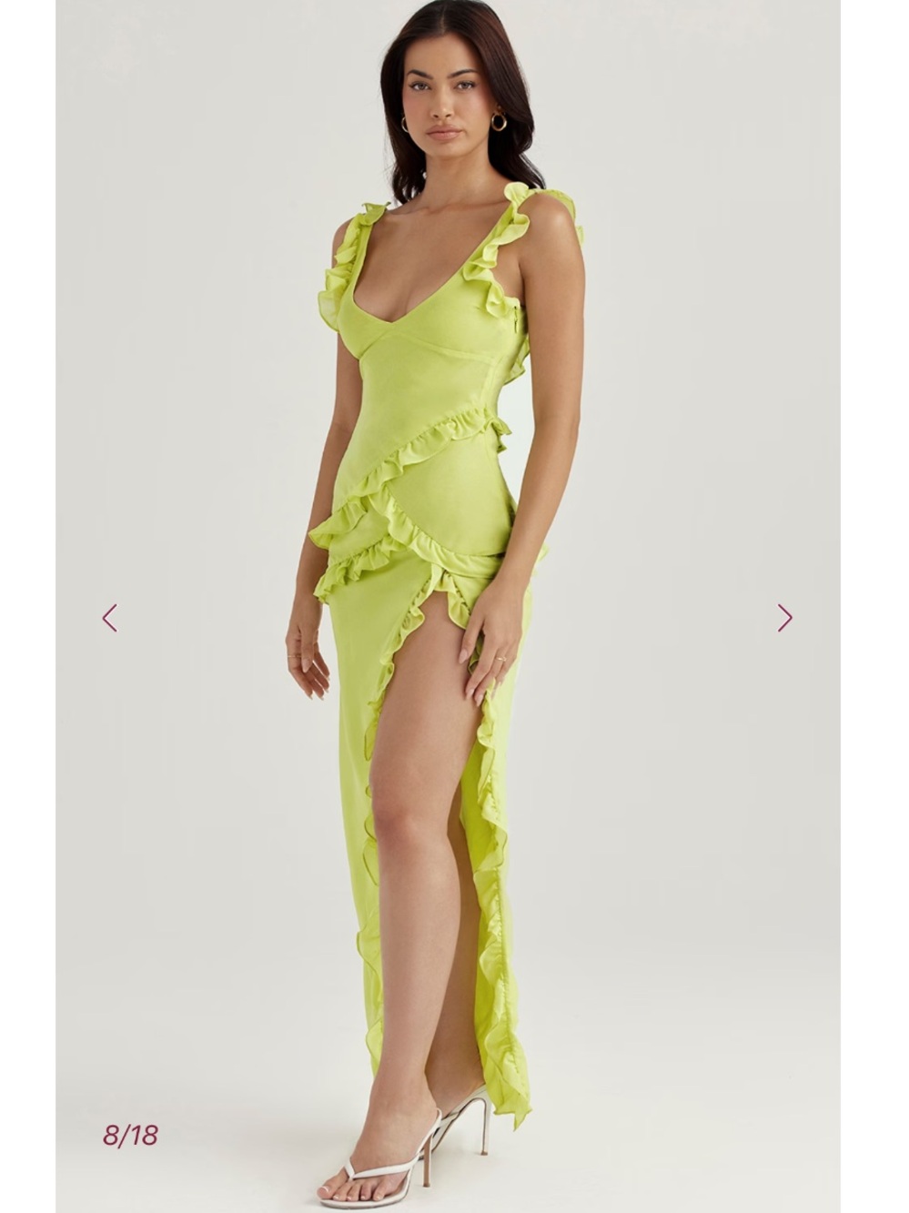 House Of CB Pixie Lime Ruffle Slit Asymmetrical Maxi Dress Size Large $285 MSRP - Picture 6 of 13